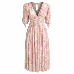 Free People Pink Floral Boho Puff Sleeve Romantic Cottagecore Maxi Dress Sz 6